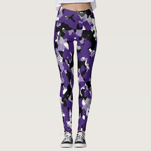 Lila Grått Black White Camouflage Camo Print Leggings (Framsida)