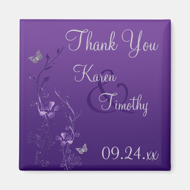 Lila Grått Blommigt Butterfly Wedding Favor Magnet (Framsidan)