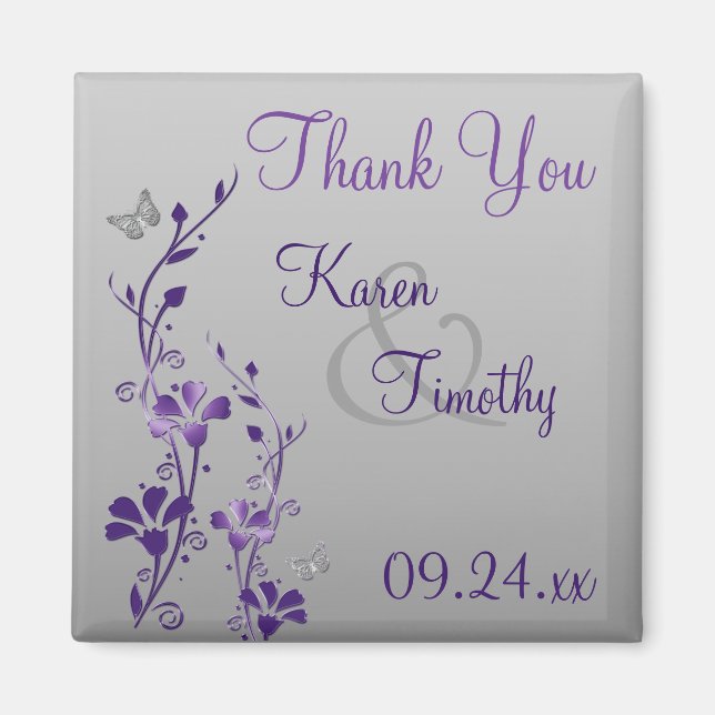 Lila Grått Blommigt Butterfly Wedding Favor Magnet (Framsidan)