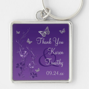 Lila, Grått Blommigt med Butterflies Keychain Fyrkantig Silverfärgad Nyckelring