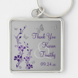 Lila, Grått Blommigt med Butterflies Keychain Fyrkantig Silverfärgad Nyckelring