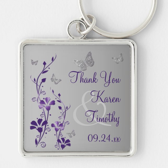 Lila, Grått Blommigt med Butterflies Keychain Fyrkantig Silverfärgad Nyckelring (Framsidan)