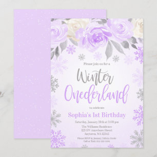 Lila Grått Blommigt Winter ONEderland 1:a födelsed Inbjudningar