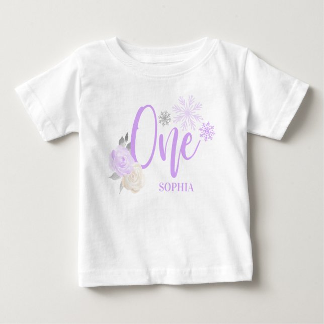Lila Grått Blommigt Winter ONEderland 1:a födelsed T Shirt (Framsida)