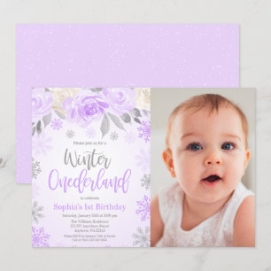 Lila Grått Blommigt Winter ONEderland Photo Inbjudningar