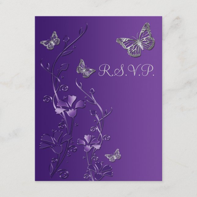 Lila, Grått Blommotiv med Fjärilar RSVP-kort 2 OSA Kort (Framsida)