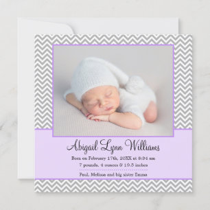 Lila Grått Chevron Girl Birth Notice Meddelande