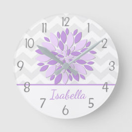 Lila Grått Dahlia Flower Nursery Wall Clock Rund Klocka