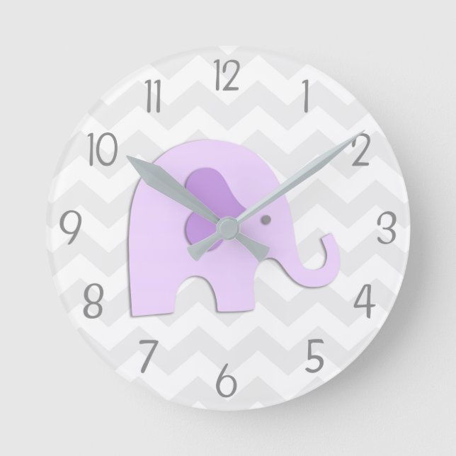 Lila Grått Elephant Nursery Wall Clock Rund Klocka (Framsida)