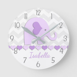 Lila Grått Elephant Nursery Wall Clock Rund Klocka