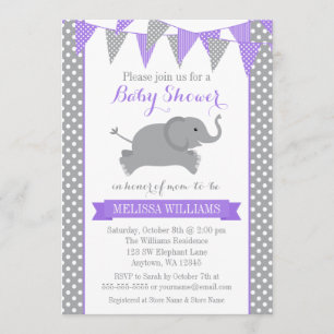 Lila Grått Elephant Polka Dot Bunting Baby Shower Inbjudningar