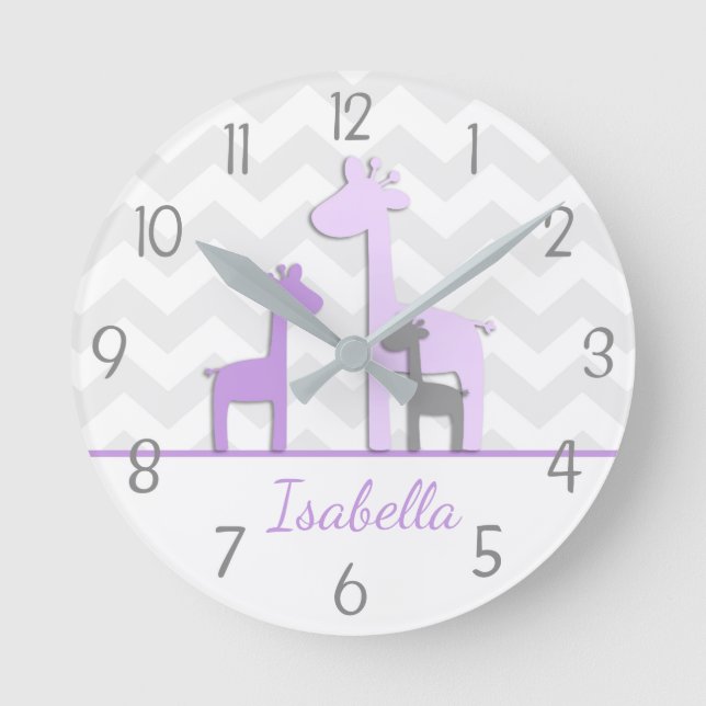 Lila Grått Giraffe Nursery Wall Clock Rund Klocka (Framsida)