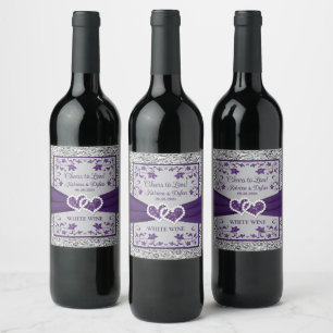 Lila, Grått Kärlek Hearts Bröllop Beverage Label 2 Vinflaska Etikett