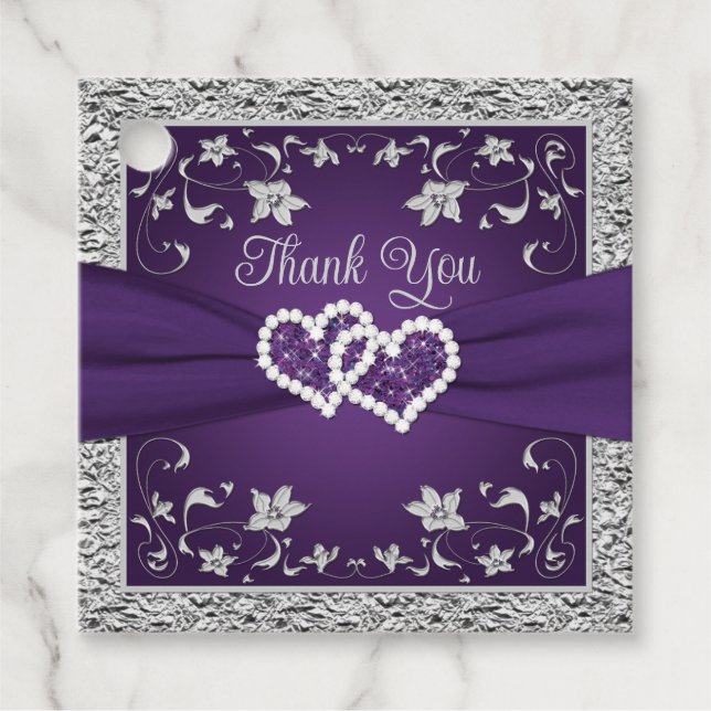 Lila, Grått Kärlek Hearts Wedding Favor Märkre Gåvor Etiketter (Framsida)