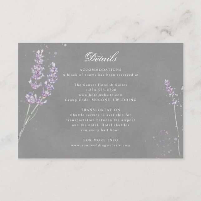 Lila grått lavender bröllopsmottagningsinformation tilläggskort (Framsida)