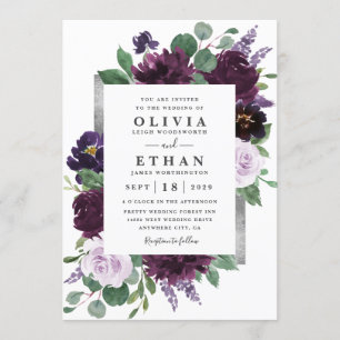 Lila Grått Silver Watercolor Peony Fall Wedding Inbjudningar