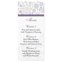 lila grått snowflake-menykort för vinterbröllop