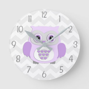 Lila Grått Uggla Nursery Wall Clock Rund Klocka