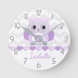 Lila Grått Uggla Nursery Wall Clock Rund Klocka