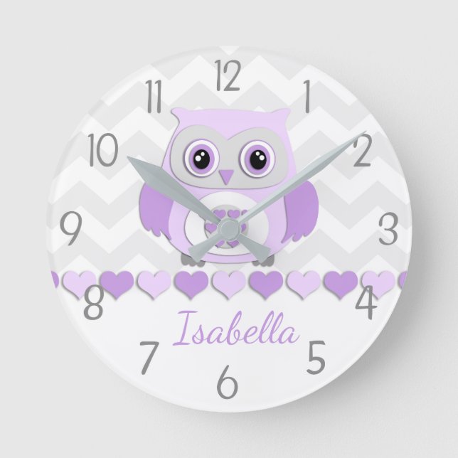 Lila Grått Uggla Nursery Wall Clock Rund Klocka (Framsida)