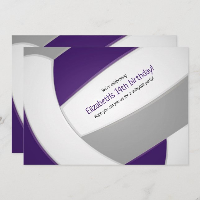 lila grått volleyball-flickors födelsedagsfest inbjudningar (Fram/baksida)