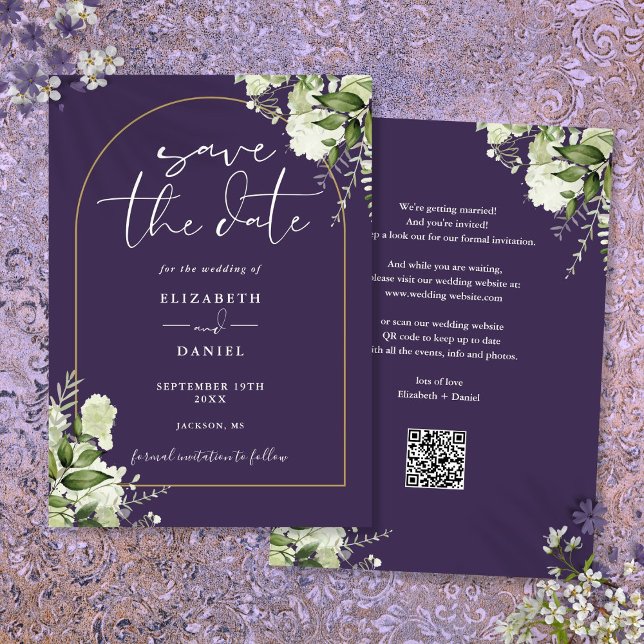 Lila Greenery Blommigt Guld Arch QR-kod Bröllop Spara Datumet (Purple Greenery Floral Gold Arch QR Code Wedding Save The Date)