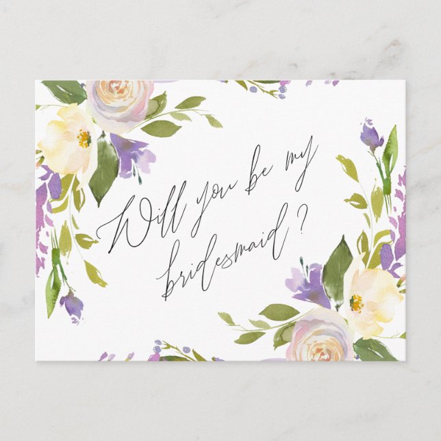 Lila Greenery-Blommigten Frieri min Bridesmaid Inbjudan Vykort (Framsida)