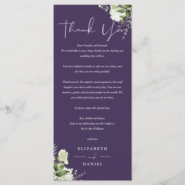 Lila Greenery Bröllop Tack Place Card Meny (Framsida)