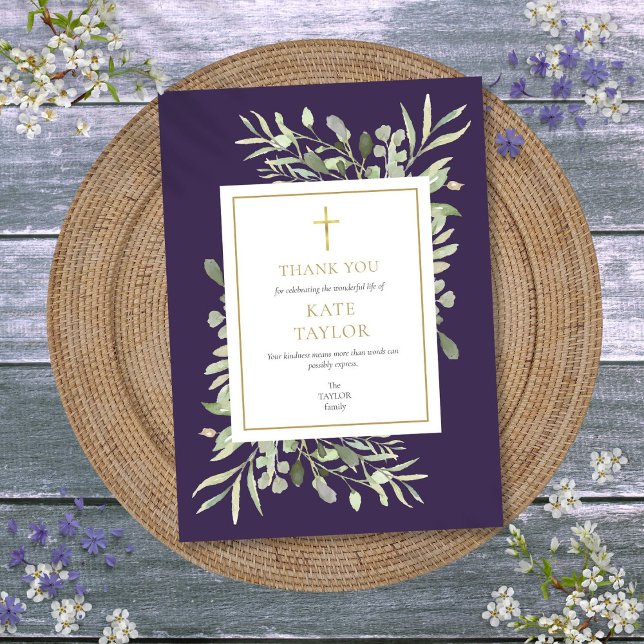 Lila Greenery Christian Funeral Memorial Tack Kort (Purple Greenery Christian Funeral Memorial Thank You Card)