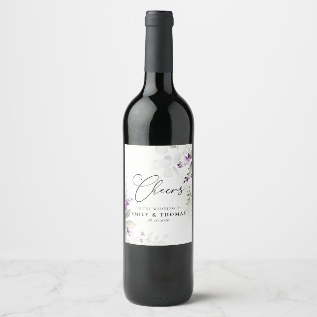Lila Greenery Lavender Bröllop Vin-etikett Vinflaska Etikett (Framsida)