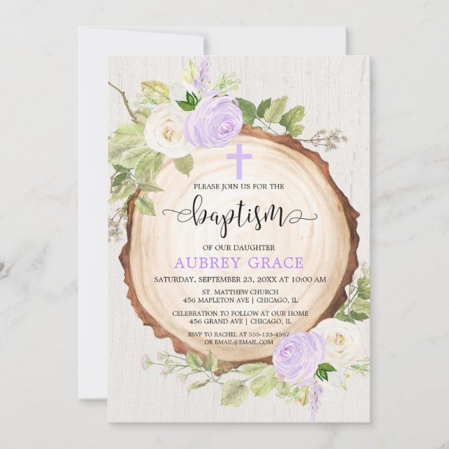 Lila Grey Rustit girl baptism woodland Inbjudningar (Framsida)