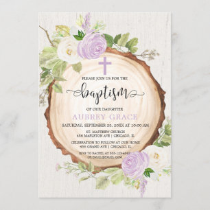 Lila Grey Rustit girl baptism woodland Inbjudningar