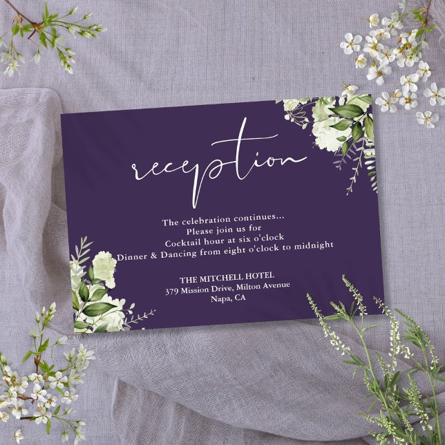 Lila Grey-skript - bröllopsmottagning Tilläggskort (Purple Greenery Script Wedding Reception Enclosure Card)