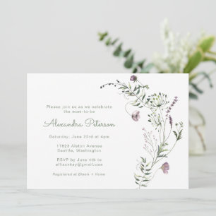 Lila Grey Watercolor Blommigt Baby Shower Inbjudningar