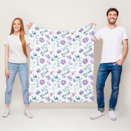 Lila Grön Akvarell Vildblomma Fleecefilt