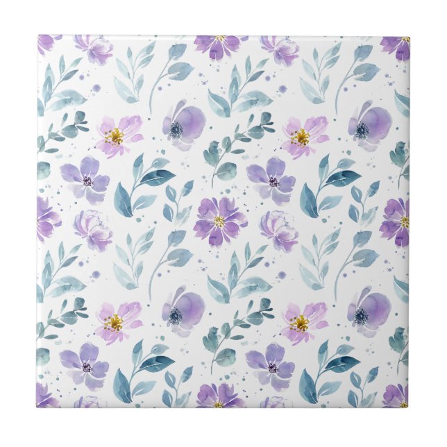 Lila Grön Akvarell Vildblomma Kakelplatta (Framsidan)