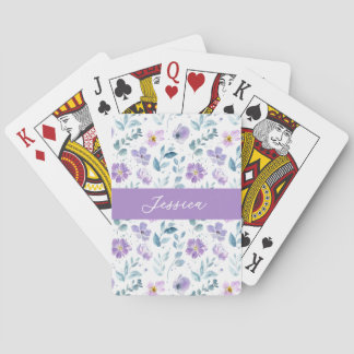 Lila Grön Akvarell Vildblomma Monogram Namn Casinokort