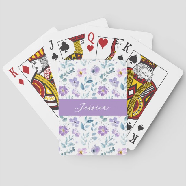 Lila Grön Akvarell Vildblomma Monogram Namn Casinokort (Baksidan)