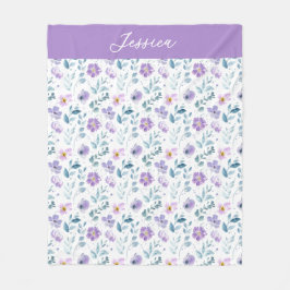 Lila Grön Akvarell Vildblomma Monogram Namn Fleecefilt