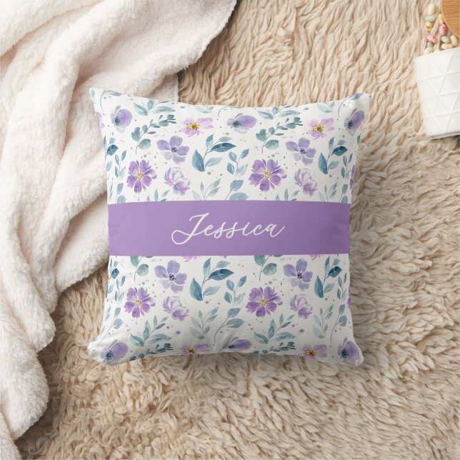 Lila Grön Akvarell Vildblomma Monogram Namn Kudde (Filt)