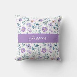 Lila Grön Akvarell Vildblomma Monogram Namn Kudde