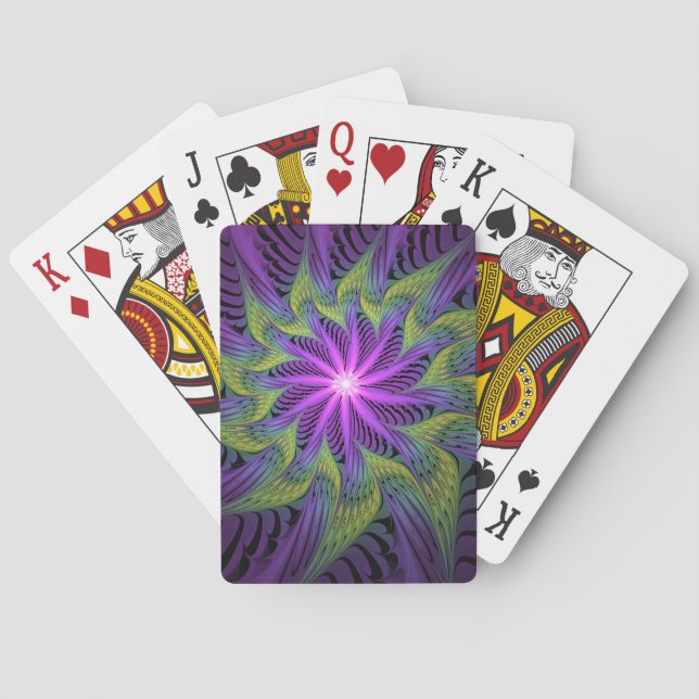 Lila Grön Blomma Modern Abstrakt Fraktal Konst Casinokort (Baksidan)