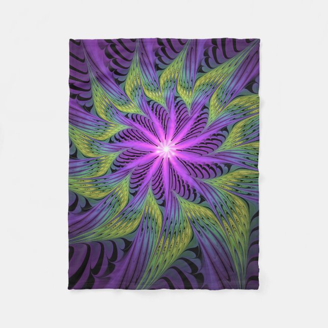 Lila Grön Blomma Modern Abstrakt Fraktal Konst Fleecefilt (Framsidan)