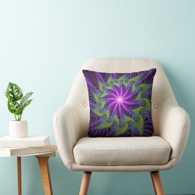Lila Grön Blomma Modern Abstrakt Fraktal Konst Kudde (Stol)