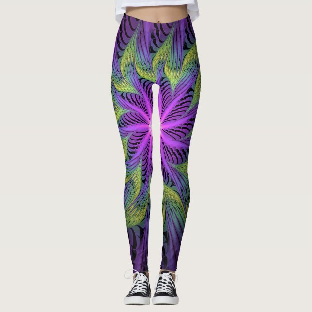 Lila Grön Blomma Modern Abstrakt Fraktal Konst Leggings (Framsida)