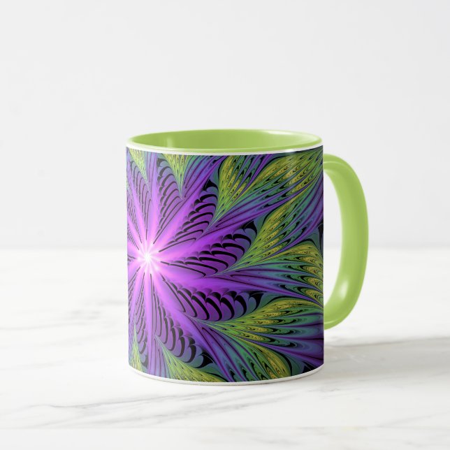 Lila Grön Blomma Modern Abstrakt Fraktal Konst Mugg (Framsida höger)