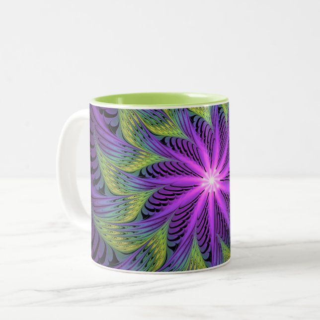 Lila Grön Blomma Modern Abstrakt Fraktal Konst Två-Tonad Mugg (Framsida vänster)