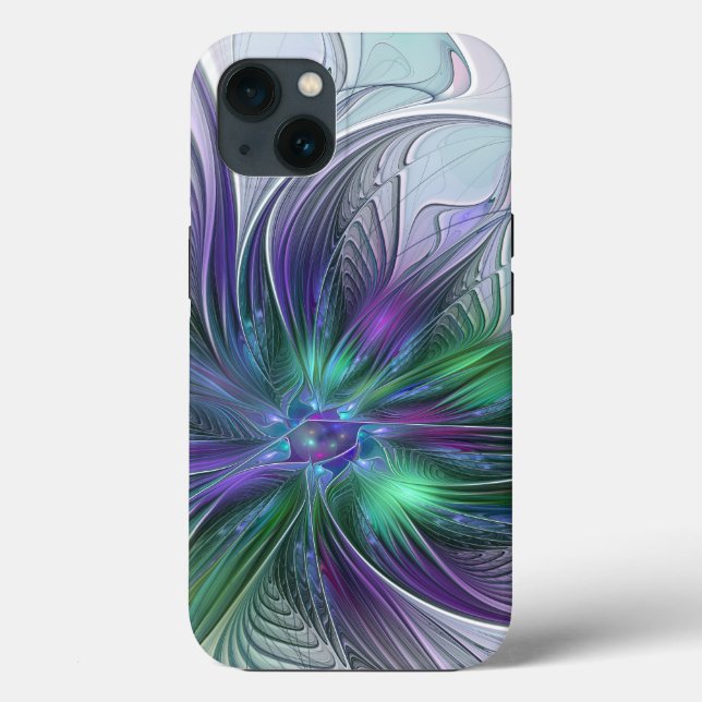 Lila Grön Blomma Modern Abstrakt Konst Fraktal (Baksida)