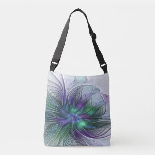 Lila Grön Blomma Modern Abstrakt Konst Fraktal Axelväska