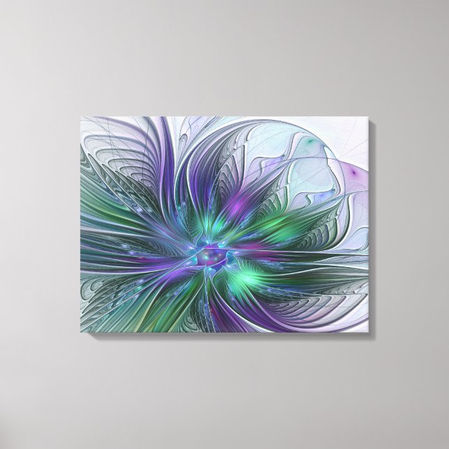 Lila Grön Blomma Modern Abstrakt Konst Fraktal Canvastryck (Framsida)